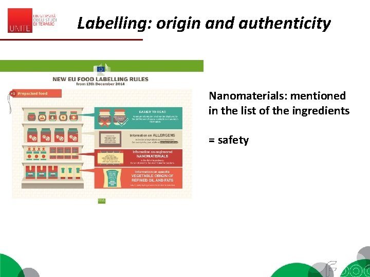 Labelling: origin and authenticity Nanomaterials: mentioned in the list of the ingredients = safety
