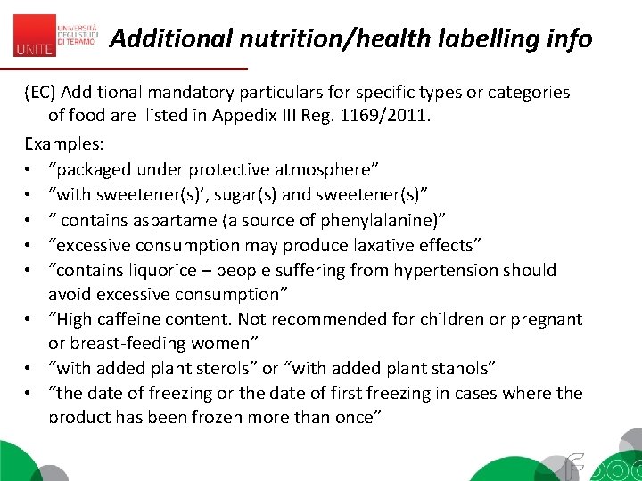 Additional nutrition/health labelling info (EC) Additional mandatory particulars for specific types or categories of