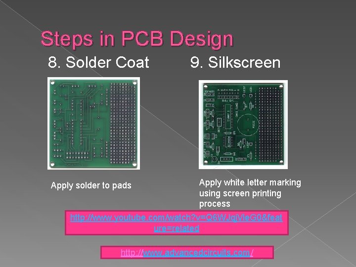 Steps in PCB Design 8. Solder Coat Apply solder to pads 9. Silkscreen Apply