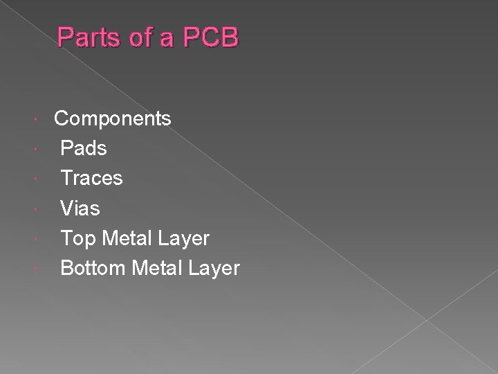 Parts of a PCB Components Pads Traces Vias Top Metal Layer Bottom Metal Layer