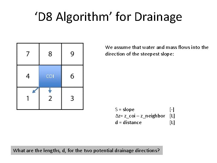 ‘D 8 Algorithm’ for Drainage We assume that water and mass flows into the