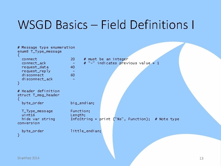 WSGD Basics – Field Definitions I # Message type enumeration enum 8 T_Type_message {