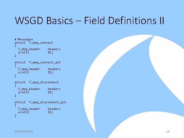 WSGD Basics – Field Definitions II # Messages struct T_msg_connect { T_msg_header Header; uint
