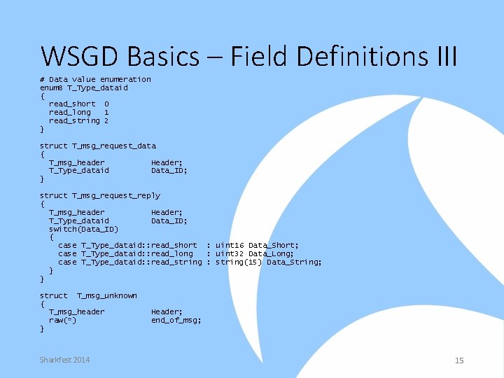 WSGD Basics – Field Definitions III # Data value enumeration enum 8 T_Type_dataid {