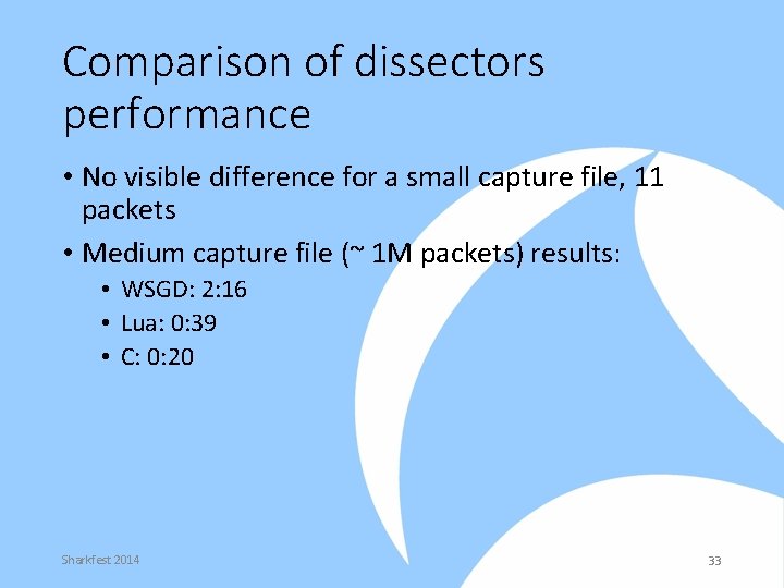 Comparison of dissectors performance • No visible difference for a small capture file, 11