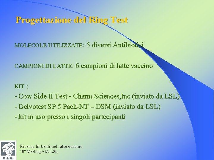 Progettazione del Ring Test MOLECOLE UTILIZZATE: 5 diversi Antibiotici CAMPIONI DI LATTE: 6 campioni