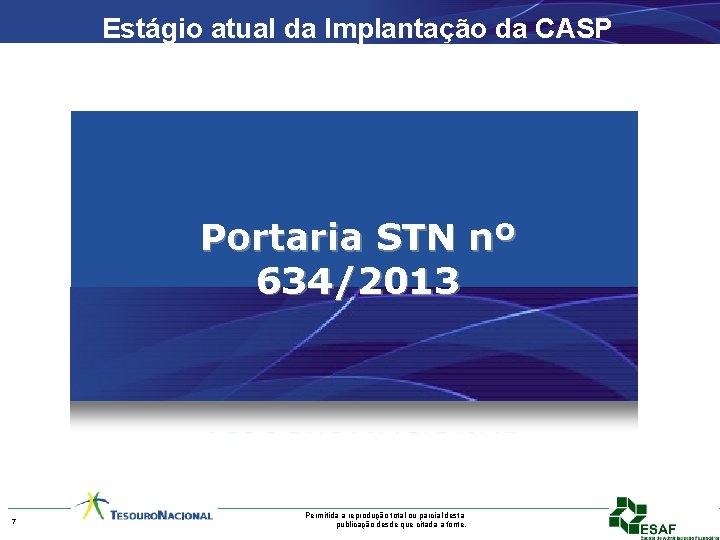 Estágio atual da Implantação da CASP Portaria STN nº 634/2013 7 Permitida a reprodução