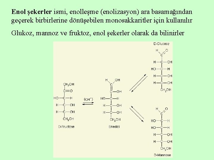 Enol şekerler ismi, enolleşme (enolizasyon) ara basamağından geçerek birbirlerine dönüşebilen monosakkaritler için kullanılır Glukoz,