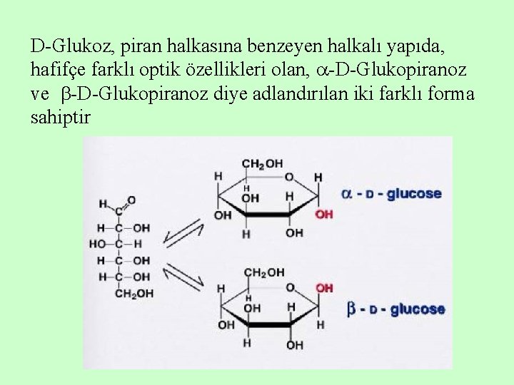 D-Glukoz, piran halkasına benzeyen halkalı yapıda, hafifçe farklı optik özellikleri olan, -D-Glukopiranoz ve -D-Glukopiranoz