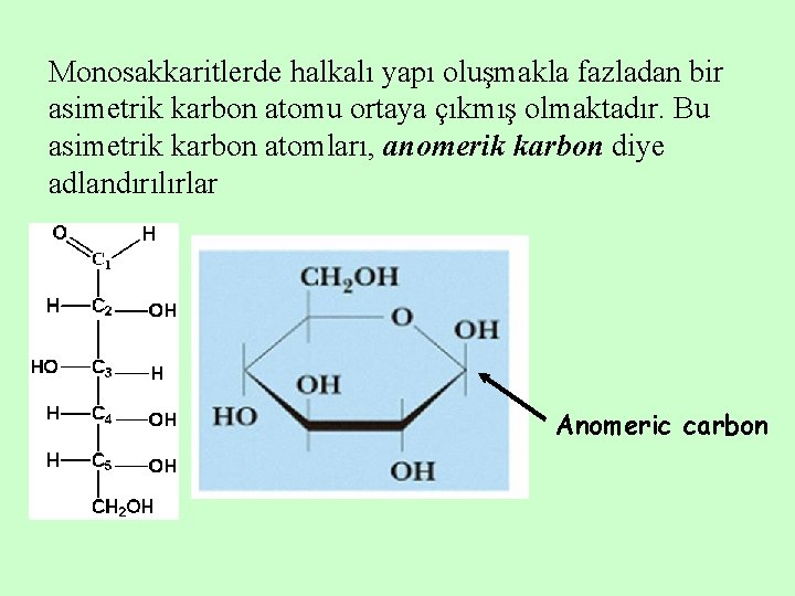 Monosakkaritlerde halkalı yapı oluşmakla fazladan bir asimetrik karbon atomu ortaya çıkmış olmaktadır. Bu asimetrik