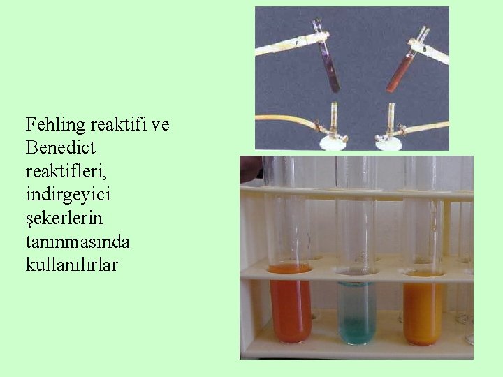 Fehling reaktifi ve Benedict reaktifleri, indirgeyici şekerlerin tanınmasında kullanılırlar 