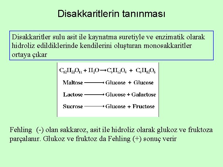 Disakkaritlerin tanınması Disakkaritler sulu asit ile kaynatma suretiyle ve enzimatik olarak hidroliz edildiklerinde kendilerini