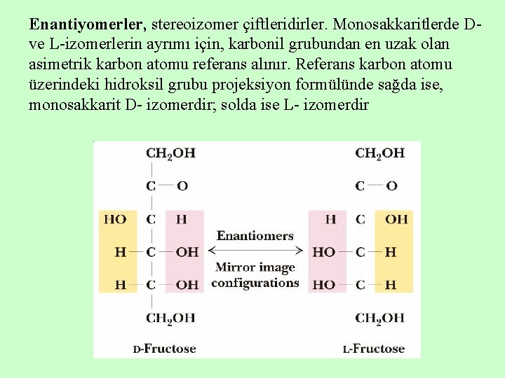 Enantiyomerler, stereoizomer çiftleridirler. Monosakkaritlerde Dve L-izomerlerin ayrımı için, karbonil grubundan en uzak olan asimetrik