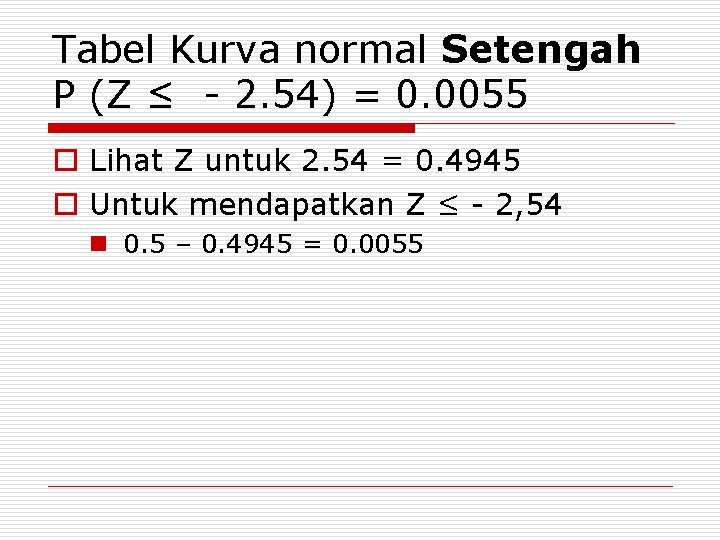 Tabel Kurva normal Setengah P (Z ≤ - 2. 54) = 0. 0055 o
