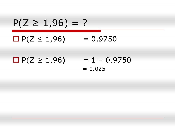 P(Z ≥ 1, 96) = ? o P(Z ≤ 1, 96) = 0. 9750