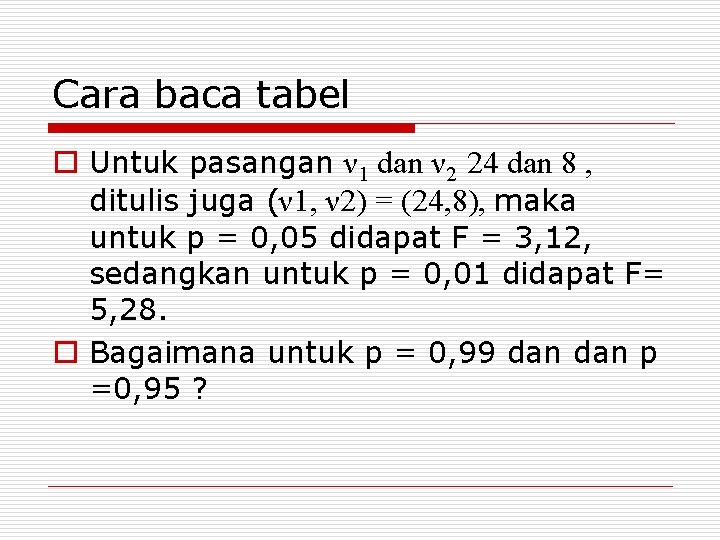 Cara baca tabel o Untuk pasangan ν 1 dan ν 2 24 dan 8