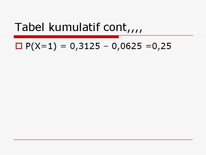 Tabel kumulatif cont, , o P(X=1) = 0, 3125 – 0, 0625 =0, 25