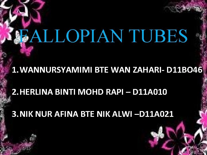 FALLOPIAN TUBES 1. WANNURSYAMIMI BTE WAN ZAHARI- D 11 BO 46 2. HERLINA BINTI