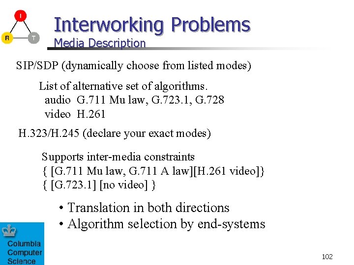 Interworking Problems Media Description SIP/SDP (dynamically choose from listed modes) List of alternative set
