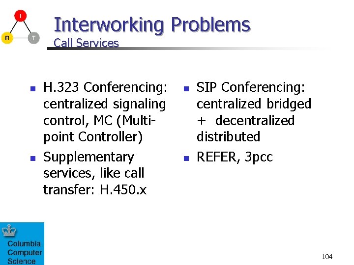Interworking Problems Call Services n n H. 323 Conferencing: centralized signaling control, MC (Multipoint