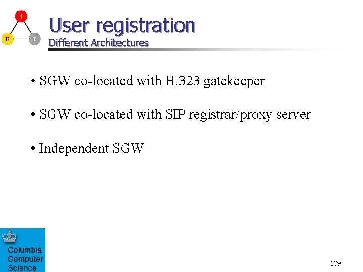 User registration Different Architectures • SGW co-located with H. 323 gatekeeper • SGW co-located