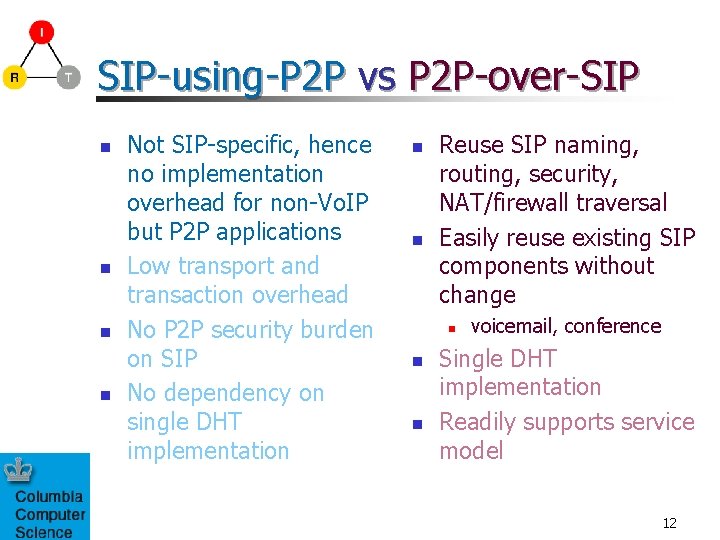 SIP-using-P 2 P vs P 2 P-over-SIP n n Not SIP-specific, hence no implementation