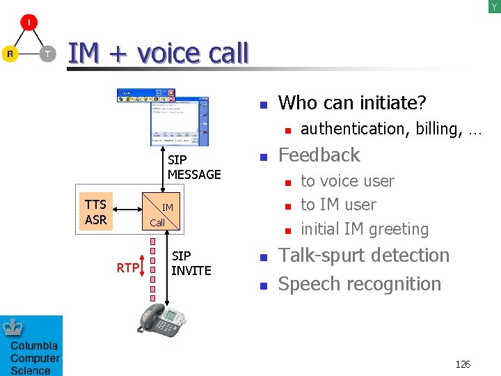 Y IM + voice call n Who can initiate? n SIP MESSAGE TTS ASR