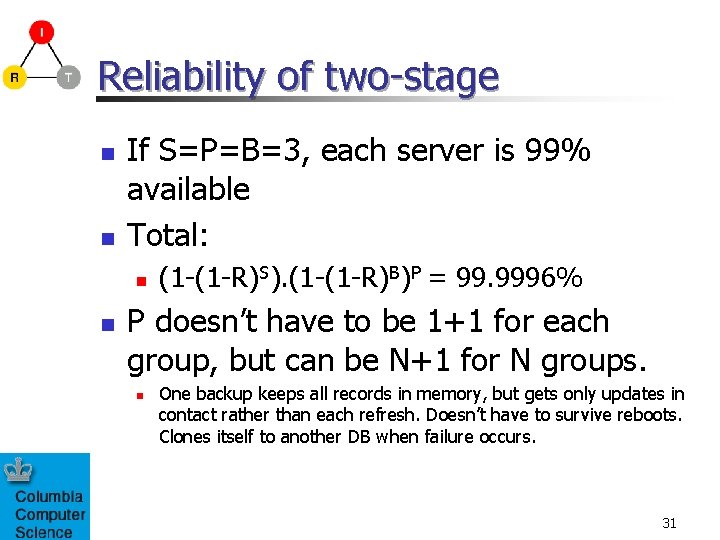 Reliability of two-stage n n If S=P=B=3, each server is 99% available Total: n