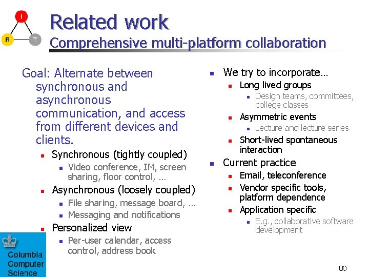 Related work Comprehensive multi-platform collaboration Goal: Alternate between synchronous and asynchronous communication, and access