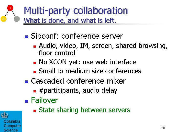 Multi-party collaboration What is done, and what is left. n Sipconf: conference server n