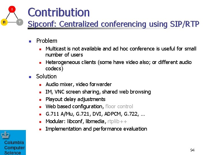 Contribution Sipconf: Centralized conferencing using SIP/RTP n Problem n n n Multicast is not