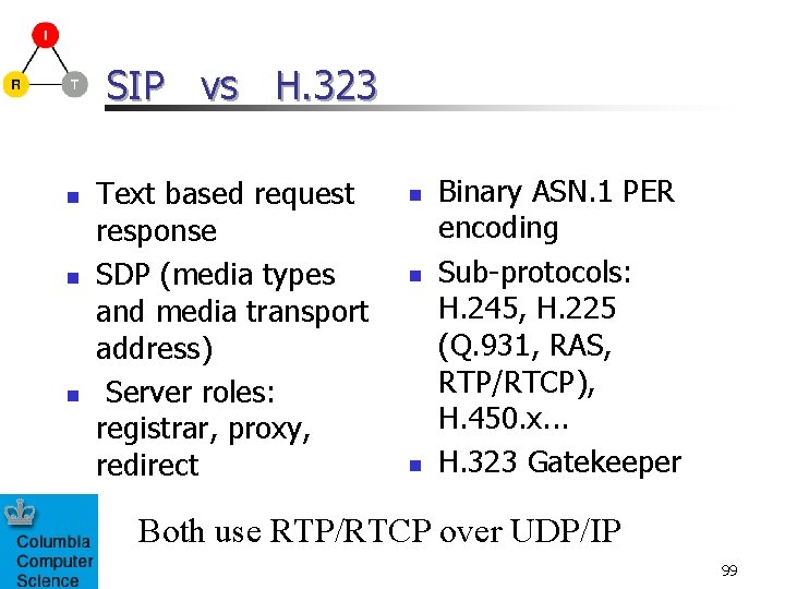 SIP vs H. 323 n n n Text based request response SDP (media types