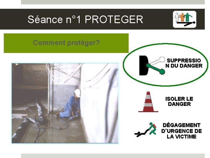 Séance n° 1 PROTEGER Comment protéger? SUPPRESSIO N DU DANGER ISOLER LE DANGER DÉGAGEMENT