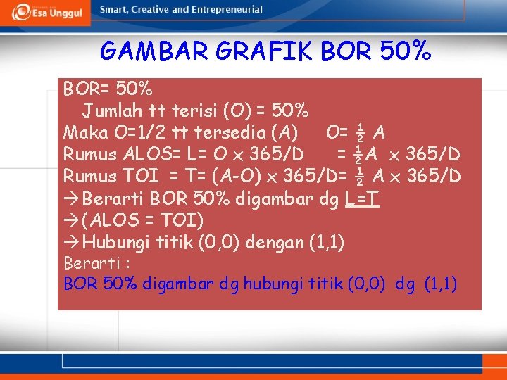 GAMBAR GRAFIK BOR 50% BOR= 50% Jumlah tt terisi (O) = 50% Maka O=1/2 GAMBAR GRAFIK BOR 50% BOR= 50% Jumlah tt terisi (O) = 50% Maka O=1/2