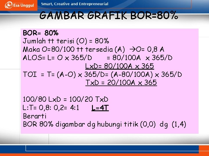 GAMBAR GRAFIK BOR=80% BOR= 80% Jumlah tt terisi (O) = 80% Maka O=80/100 tt GAMBAR GRAFIK BOR=80% BOR= 80% Jumlah tt terisi (O) = 80% Maka O=80/100 tt