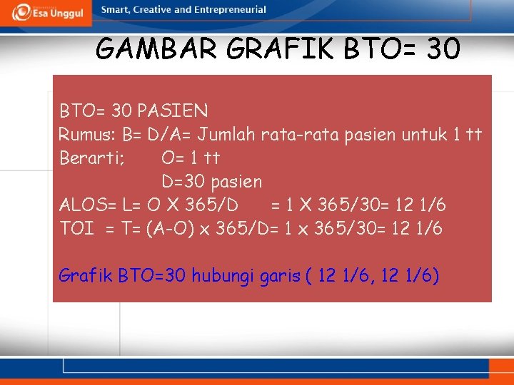 GAMBAR GRAFIK BTO= 30 PASIEN Rumus: B= D/A= Jumlah rata-rata pasien untuk 1 tt