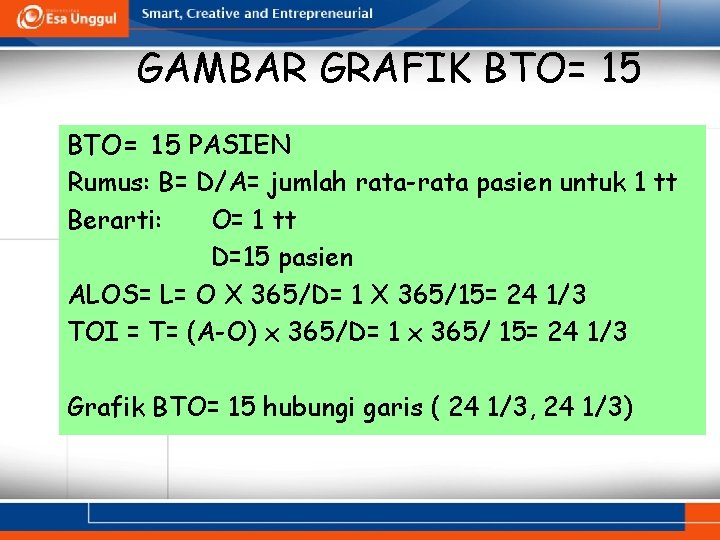 GAMBAR GRAFIK BTO= 15 PASIEN Rumus: B= D/A= jumlah rata-rata pasien untuk 1 tt