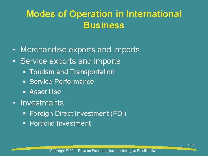 Modes of Operation in International Business • Merchandise exports and imports • Service exports