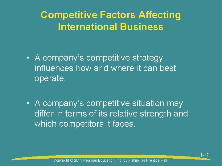 Competitive Factors Affecting International Business • A company’s competitive strategy influences how and where