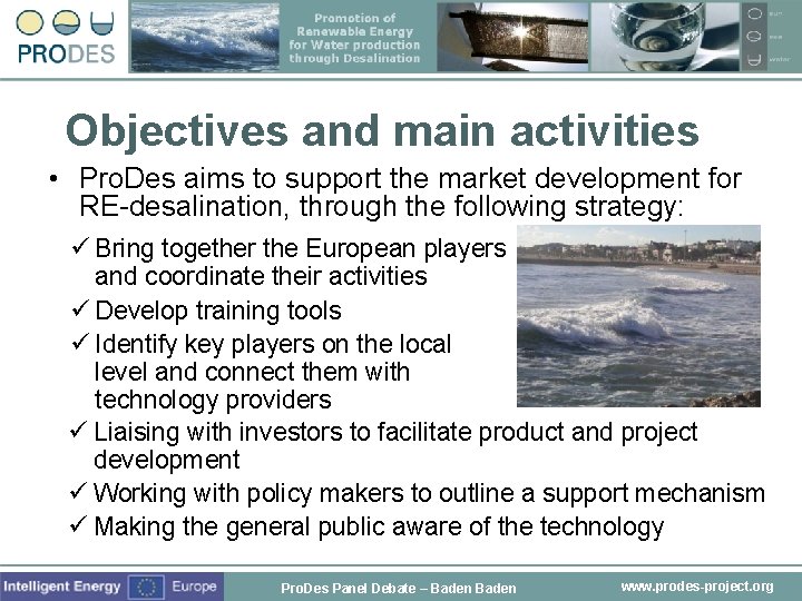 Objectives and main activities • Pro. Des aims to support the market development for