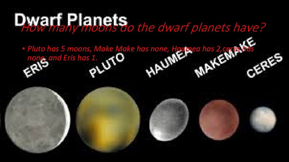 How many moons do the dwarf planets have? • Pluto has 5 moons, Make