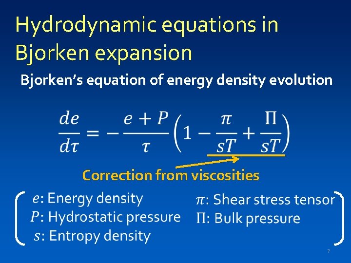 Hydrodynamic equations in Bjorken expansion Bjorken’s equation of energy density evolution Correction from viscosities