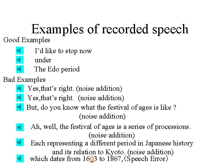 Examples of recorded speech Good Examples I’d like to stop now under The Edo