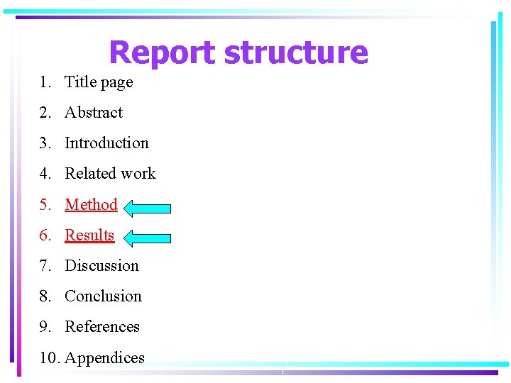Report structure 1. Title page 2. Abstract 3. Introduction 4. Related work 5. Method Report structure 1. Title page 2. Abstract 3. Introduction 4. Related work 5. Method