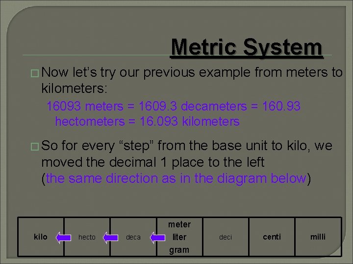 Metric System � Now let’s try our previous example from meters to kilometers: 16093 Metric System � Now let’s try our previous example from meters to kilometers: 16093