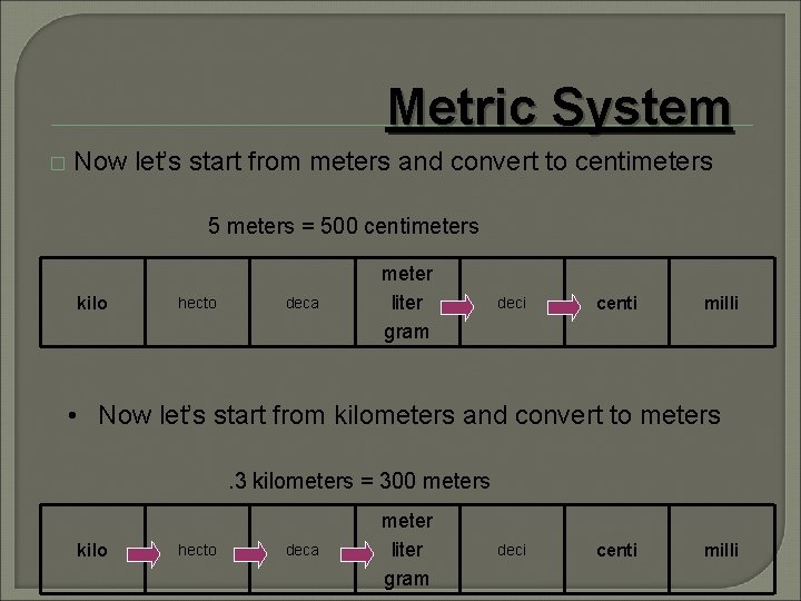 Metric System � Now let’s start from meters and convert to centimeters 5 meters