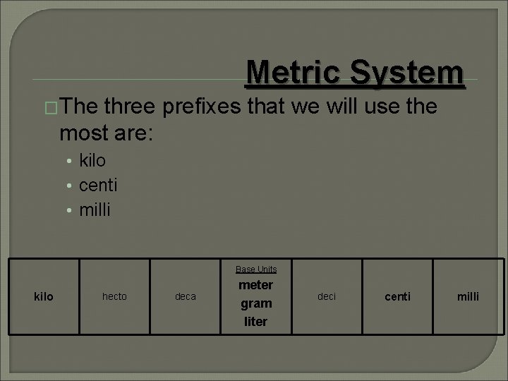 Metric System �The three prefixes that we will use the most are: • kilo
