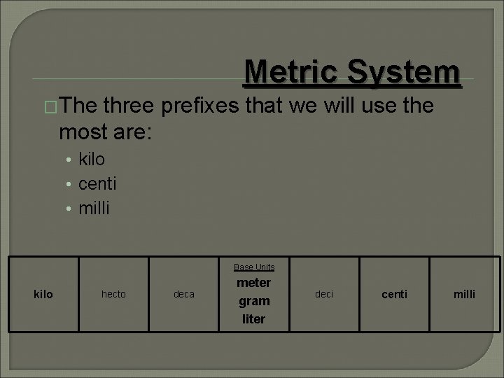 Metric System �The three prefixes that we will use the most are: • kilo Metric System �The three prefixes that we will use the most are: • kilo