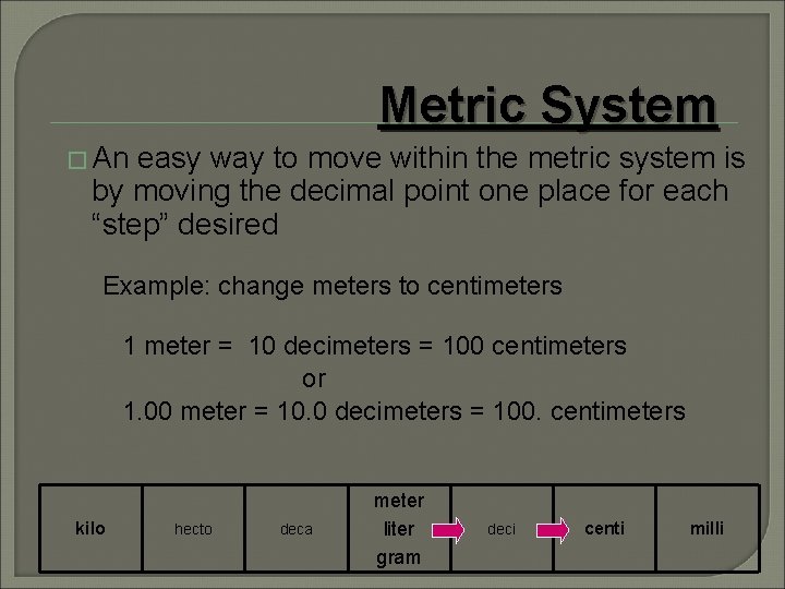 Metric System � An easy way to move within the metric system is by