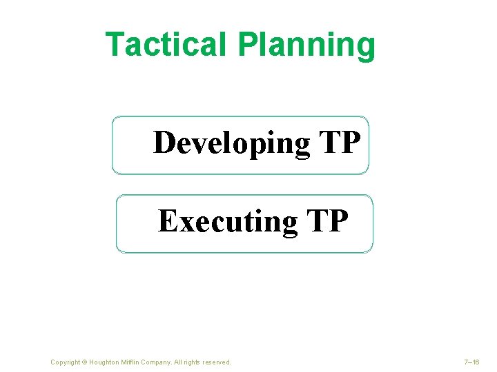 Tactical Planning Developing TP Executing TP Copyright © Houghton Mifflin Company. All rights reserved.